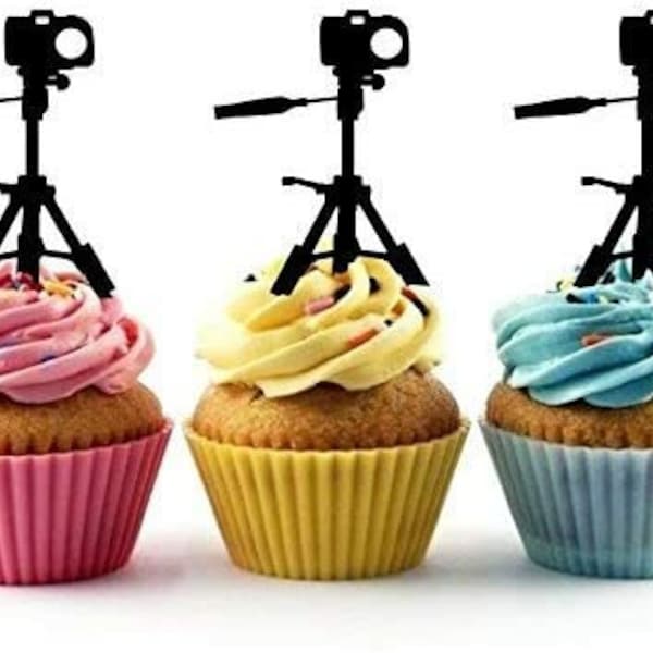 Camera Tripod Silhouette Acrylic Cupcake Toppers 12 pcs