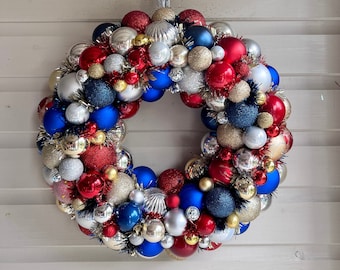 Christmas Bauble Wreath, Festive Wreath in Royal Red, Blue and Gold Wreath, Bauble Wreath