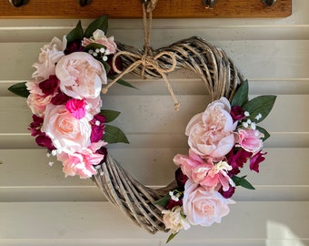 English Rose, Peony and Hydrangea Heart Wreath, Valentines Wreath, Valentines Flower Wreath, Spring wreath