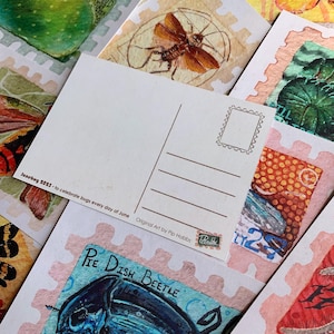 May include: A collection of rectangular postcards featuring hand-painted insect illustrations with scalloped edges resembling postage stamps. One postcard is face-up, showing a blank back with address lines and the text Junebug 2025 - to celebrate bugs every day of June, Original Art by Pip Hobbs.