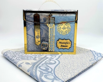 Blue Personalized Prayer Rug Gift Set: Islamic Quran Yaseen, Ramadan Gift