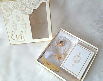 Personalized Eid Mubarak Gift Box - Islam Prayer Mat Set- Ramadan Gift Box - Quran Gift Set - Prayer Mat Tasbeeh Quran Set Gift
