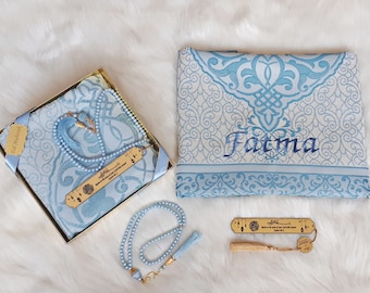 Blue Islamic Prayer Rug Gift Set: Quran, Tasbeeh, Sajadah