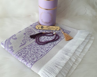 Purple Prayer Mat and Tasbeeh  Gift Set - Islamic Prayer Mat - Great Ramadan Gifts -Sajadah - Eid Mubarak Gift - Rug Gift- Ramadan Gift Set