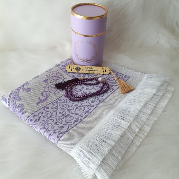 Ensemble cadeau tapis de prière violet et Tasbeeh - tapis de prière islamique - grands cadeaux du ramadan - sajadah - cadeau de l'Aïd Mubarak - cadeau tapis - coffret cadeau du ramadan