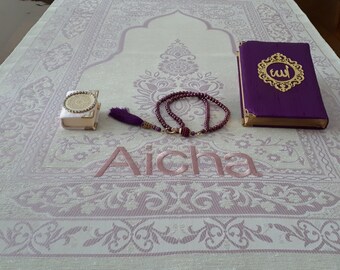 Personalized Pink Prayer Rug Set: Islamic Gift with Tasbeeh & Quran