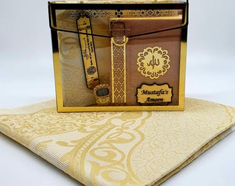 Personalized Gold Prayer Rug Gift Set: Islamic Ramadan Gift