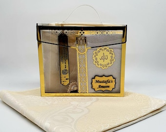 Personalized White Prayer Rug Gift Set: Islamic Quran Yaseen, Ramadan Gift