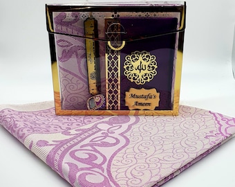 Purple Personalized Prayer Rug Gift Set: Islamic Quran Yaseen