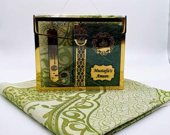 Green Personalized Prayer Rug Gift Set: Islamic Ramadan Gift