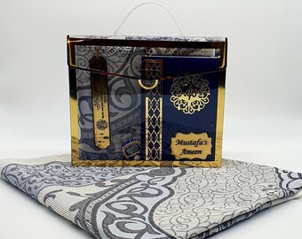 Personalized Dark Blue Prayer Rug Gift Set: Islamic Quran Yaseen, Ramadan Gift