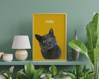 May include: A rectangular framed wall art print featuring a digital illustration of a dark gray cat against a solid mustard yellow background. The name Orla is printed in white capital letters at the top center of the mustard yellow background.