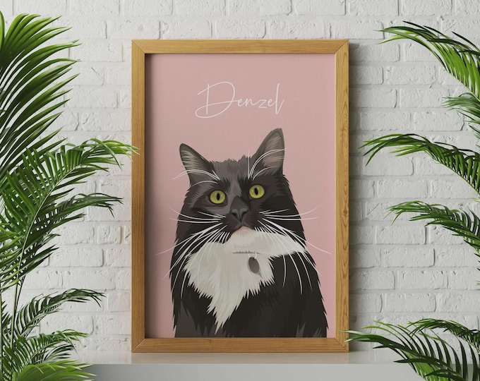 Custom Pet Portrait from Photo, Personalized Dog Portrait or Cat Portrait with Name, Pet Lover Gift, Framed Pet Art