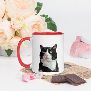 May include: A white ceramic mug with a red rim and handle. The mug features a black and white illustration of a cat with green eyes.