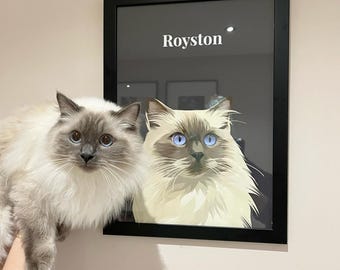 May include: A framed portrait featuring a digital illustration of a long-haired cat with blue eyes and cream-colored fur. The name Royston is printed in white text above the cat illustration. The frame is black and rectangular in shape.
