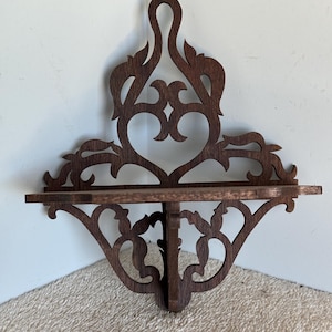 Small Solid Walnut Wooden Victorian Fretwork Wall Shelf Display.  7 1/2" Tall x 6" Wide @ the Longest Points.  Handmade on My Scroll Saw.