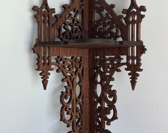 Solid Walnut Wooden Gothic Cathedral Corner Wall Shelf Display. 15 1/2&quot; Tall x 5 3/4&quot; Wide @ the Longest Points.  Handmade on My Scroll Saw.