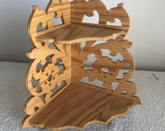 Small Red Oak Table Top or Corner Wall Shelf Display with 2 Shelves. 9 1/4" Tall x 6" Deep @ Each Wall Side.  Handmade on My Scroll Saw.