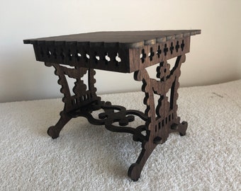 1:6 Scale Victorian Fretwork Walnut Toy Doll Table.  Stands 6" Tall.  Table Top is 7 3/8" by 6".  Handmade on My Scroll Saw.