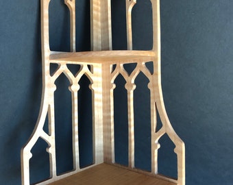 Solid Curly Tiger Maple Victorian Fretwork Corner Wall Shelf Display. 16 1/8" Tall x 5 5/8" Deep @ Longest Points. Handmade on My Scroll Saw