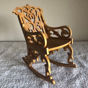 1:6 Scale Red Oak Victorian Toy Doll Rocking Chair.  Measures 7&quot; Tall by 3 1/2&quot; Wide @ Longest Points. Handmade on My Scroll Saw.