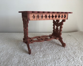 1:6 Scale Victorian Fretwork Cherry Toy Doll Table.  Measures 6" Tall.  Table Top is 7 3/8" by 6".  Handmade on My Scroll Saw.