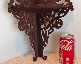 Solid Walnut Wooden Gothic Victorian Fretwork Corner Wall Shelf Display.  13&quot; Tall by 7&quot; Deep @ Each Wall Side.  Handmade on My Scroll Saw.