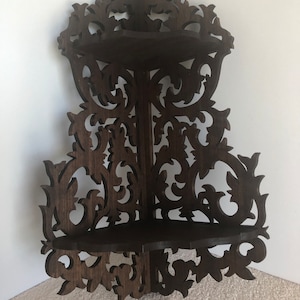 Solid Walnut Wooden Victorian Fretwork Corner Wall Shelf Display.  16 3/8" Tall x 6 1/2" Wide @ Longest Points.  Handmade on My Scroll Saw.