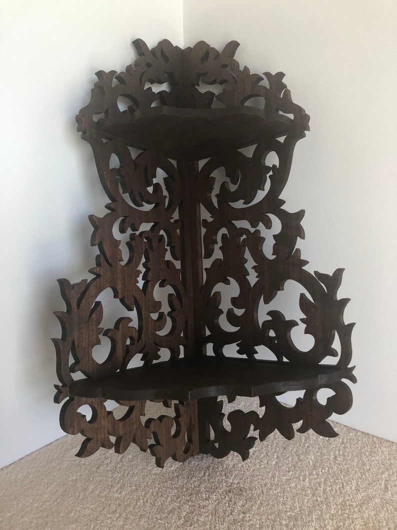 Solid Black Walnut Wood Corner Wall Shelf Display with 2 Shelves. 16 3/8" Tall x 6 1/2" Wide @ Longest Points. Handmade on My Scroll Saw.