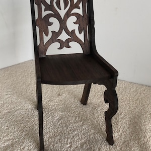 1:6 Scale Solid Walnut Wood Toy Doll Victorian Fretwork Straight Back Chair. Measures 6 3/4&quot; Tall x 3 1/2 &quot; Wide.  Handmade on My Scroll Saw