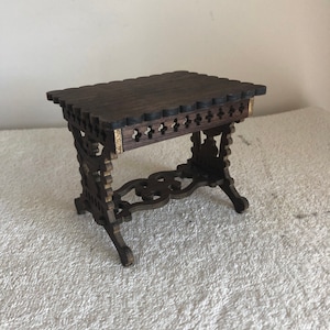 1:6 th Scale Victorian Fretwork Walnut Toy Doll Table.  Stands 4 1/8&quot; Tall.  Table Top is 5&quot; by 4&quot;.  Handmade on My Scroll Saw.