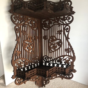 Solid Black Walnut Wooden Fretwork Corner Wall Shelf Display. 24 3/4&quot; Tall x 9 3/4&quot; Deep @ the Longest Points. Handmade on My Scroll Saw.