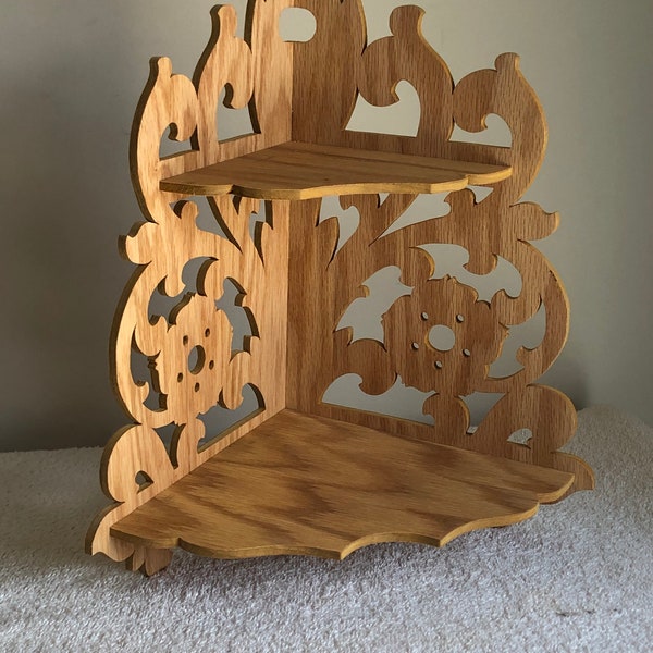 Red Oak Fretwork Corner Wall Shelf Display with 2 Shelves.  12 1/2" Tall x 8" Wide @ the Longest Points.  Handmade on My Scroll Saw.