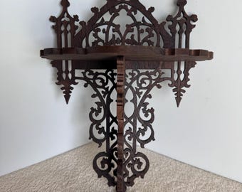 Handmade Walnut Gothic Cathedral Wall Shelf: Victorian Fretwork Display