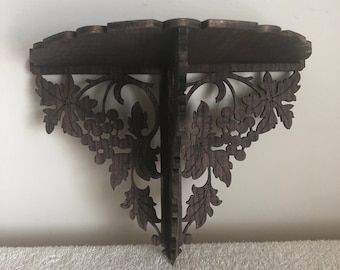 Walnut Victorian Fretwork Wall Shelf: Grapes & Grapevine Display