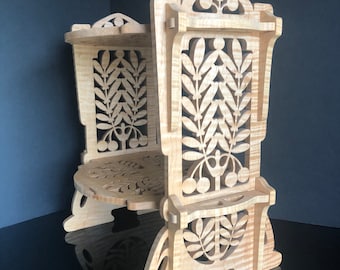Handmade Tiger Maple Kitchen Stand: Victorian Fretwork Design