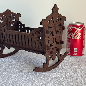 Solid Walnut Wooden Victorian Fretwork Toy Doll Cradle Crib Bassinette.  1:6 scale.  Handmade on my Scroll Saw.