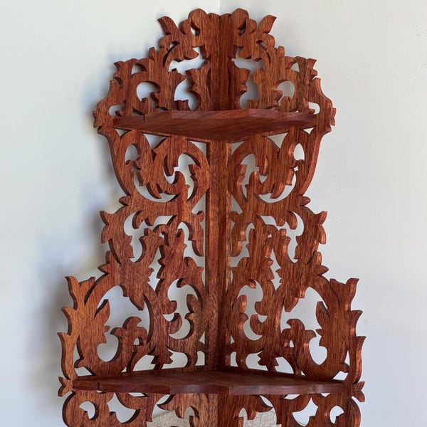 Handmade Mahogany Corner Shelf: Victorian Fretwork Wall Display