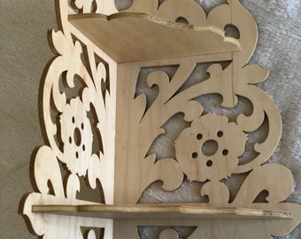 Maple Scroll Saw Fretwork Corner Wall Shelf Display with 2 Shelves.  12 1/2" Tall x 8" Wide @ the Longest Points.  Handmade on My Scroll Saw