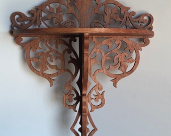 Solid Cherry Wooden Victorian Fretwork Wall Shelf Display. 12 7/8" Tall x 9 3/4" Wide @ the Longest Points. Handmade on My Scroll Saw.