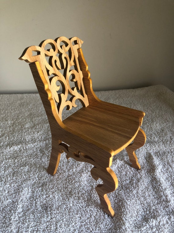 1/6th Scale Oak Victorian Toy Doll Straight Back Chair. Measures 7 3/4 Tall  by 4 1/2 Wide the Longest Points. Handmade on My Scroll Saw 