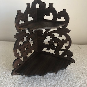 Small Black Walnut Victorian Fretwork Table Top or Corner Wall Shelf Display with 2 Shelves.  9 1/4&quot; Tall x 6&quot; Wide @ the Longest Points.