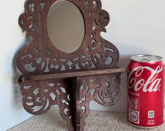 Handmade Walnut Victorian Mirrored Wall Shelf: Fretwork Display