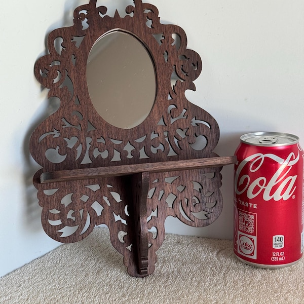 Handmade Walnut Victorian Mirrored Wall Shelf: Fretwork Display