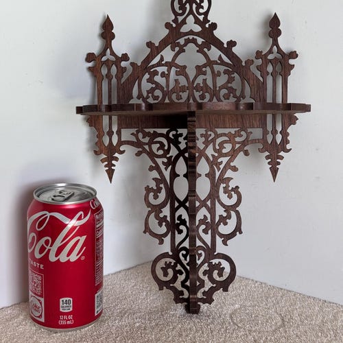 Handmade Walnut Gothic Cathedral Wall Shelf: Victorian Fretwork Display