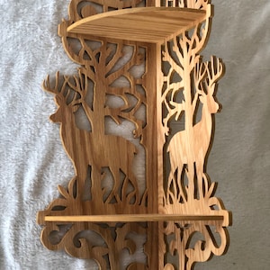 Oak Victorian Fretwork Wildlife Design Corner Wall Shelf Display.  17 1/4&quot; Tall x 6 1/2&quot; @ the Longest Points.  Handmade on My Scroll Saw.