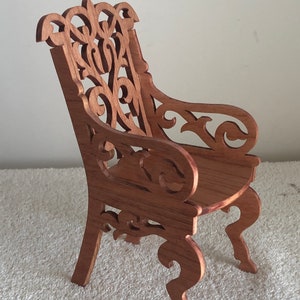 Cherry Victorian Fretwork Toy Doll Arm Chair.  1:6 Scale.  Measures 7 3/4" Tall by 4 1/2 " Wide.  Handmade on My Scroll Saw.