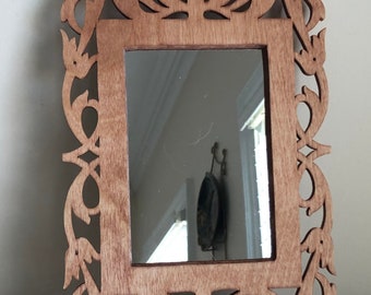 Cherry Victorian Fretwork Wall or Easel Mirror.  9" x 5 3/4" @ the Longest Points.    Handmade on My Scroll Saw