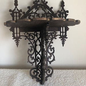 Walnut Gothic Cathedral Victorian Fretwork Wall Shelf. 12 1/2" Tall x 7 3/4" Wide @ Longest Points. Handmade on My Scroll Saw