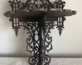 Walnut Gothic Cathedral Victorian Fretwork Wall Shelf. Display.  12 1/2" Tall x 7 3/4" Wide @ Longest Points. Handmade on My Scroll Saw